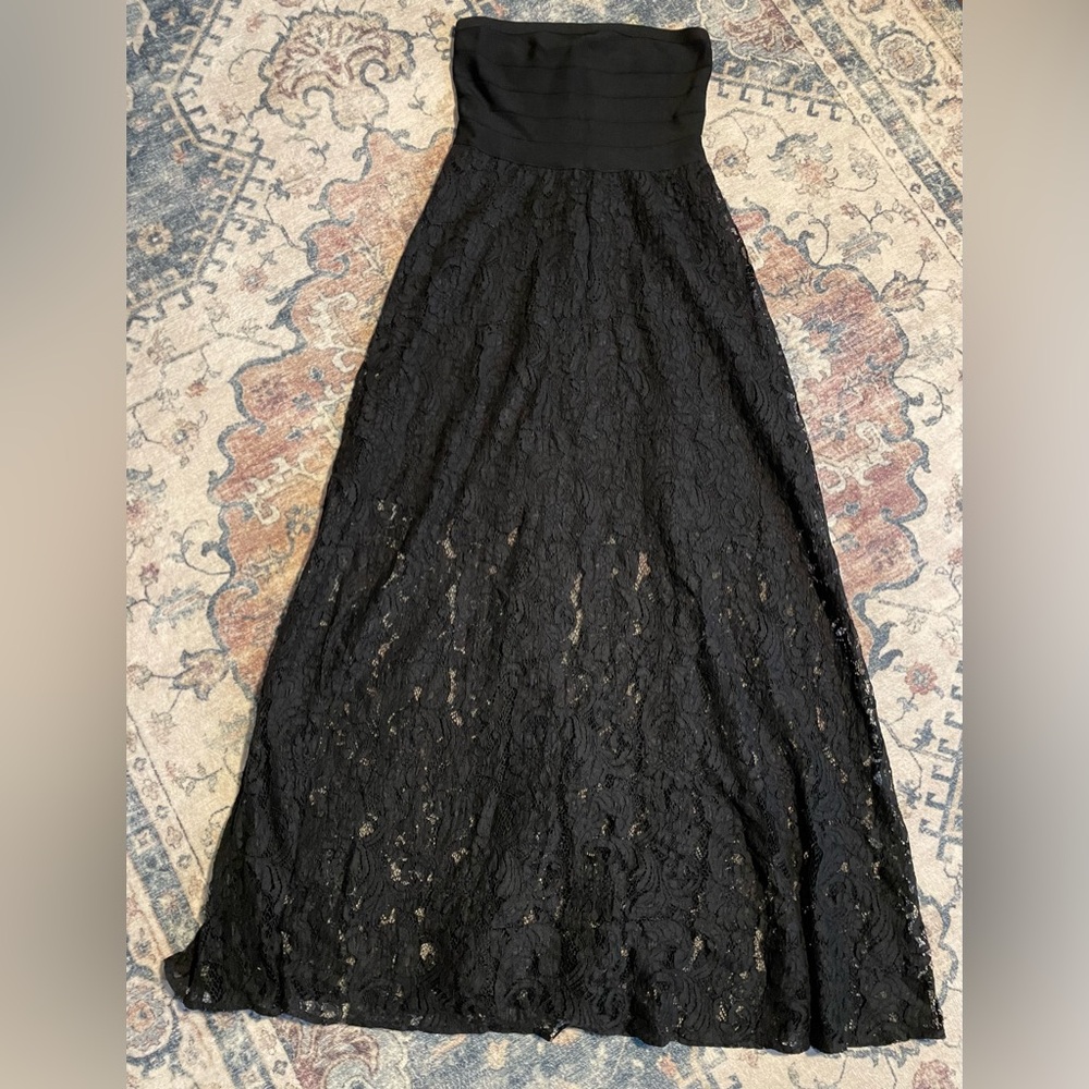 bebe Black Strapless Lace Gown